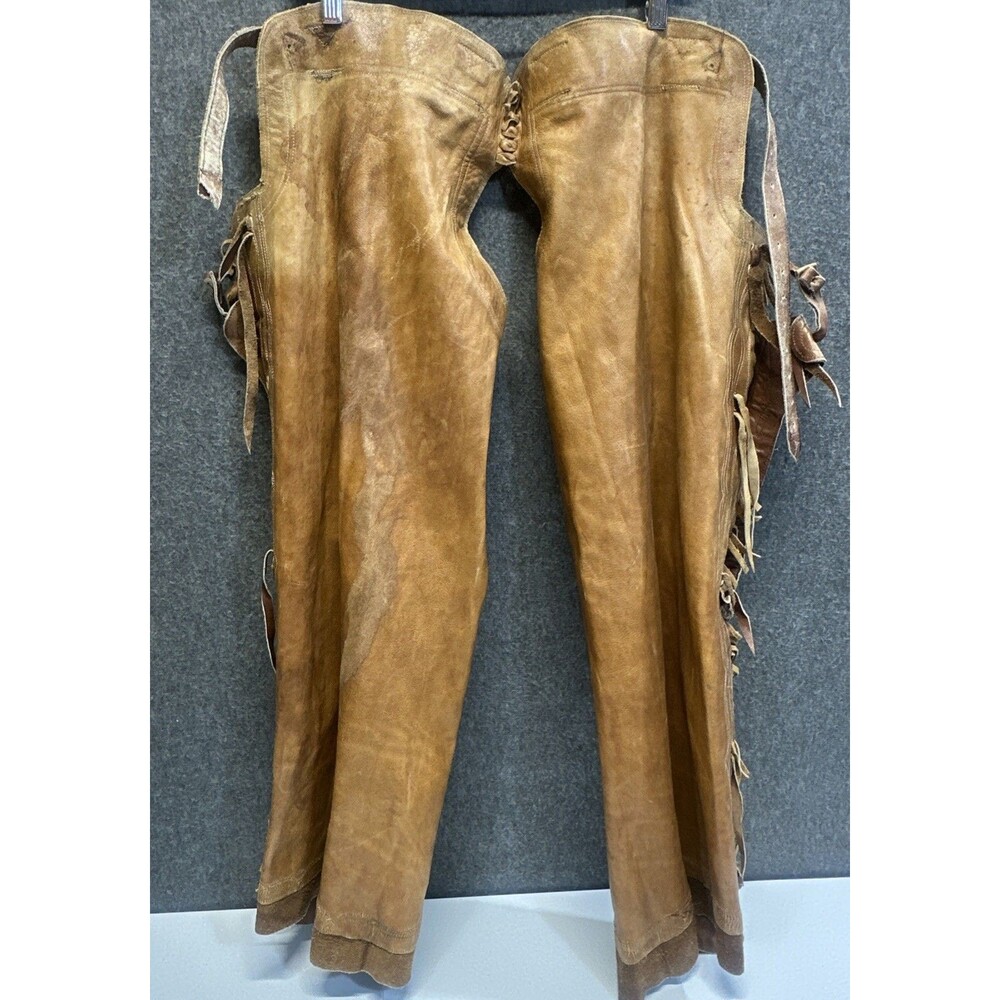 Handmade Vintage Tan Leather Suede Fringe Chaps 38” Waist  34” Length FLAWED*
